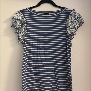 W5 Anthropologie boho Blue Striped Women's Top with Floral Sleeves small